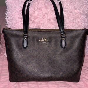 Large Coach Dark Brown Signature Tote with Black Handles